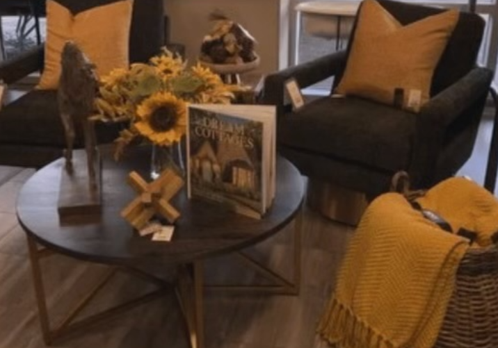 Seats with throw pillows behind decorative coffee table